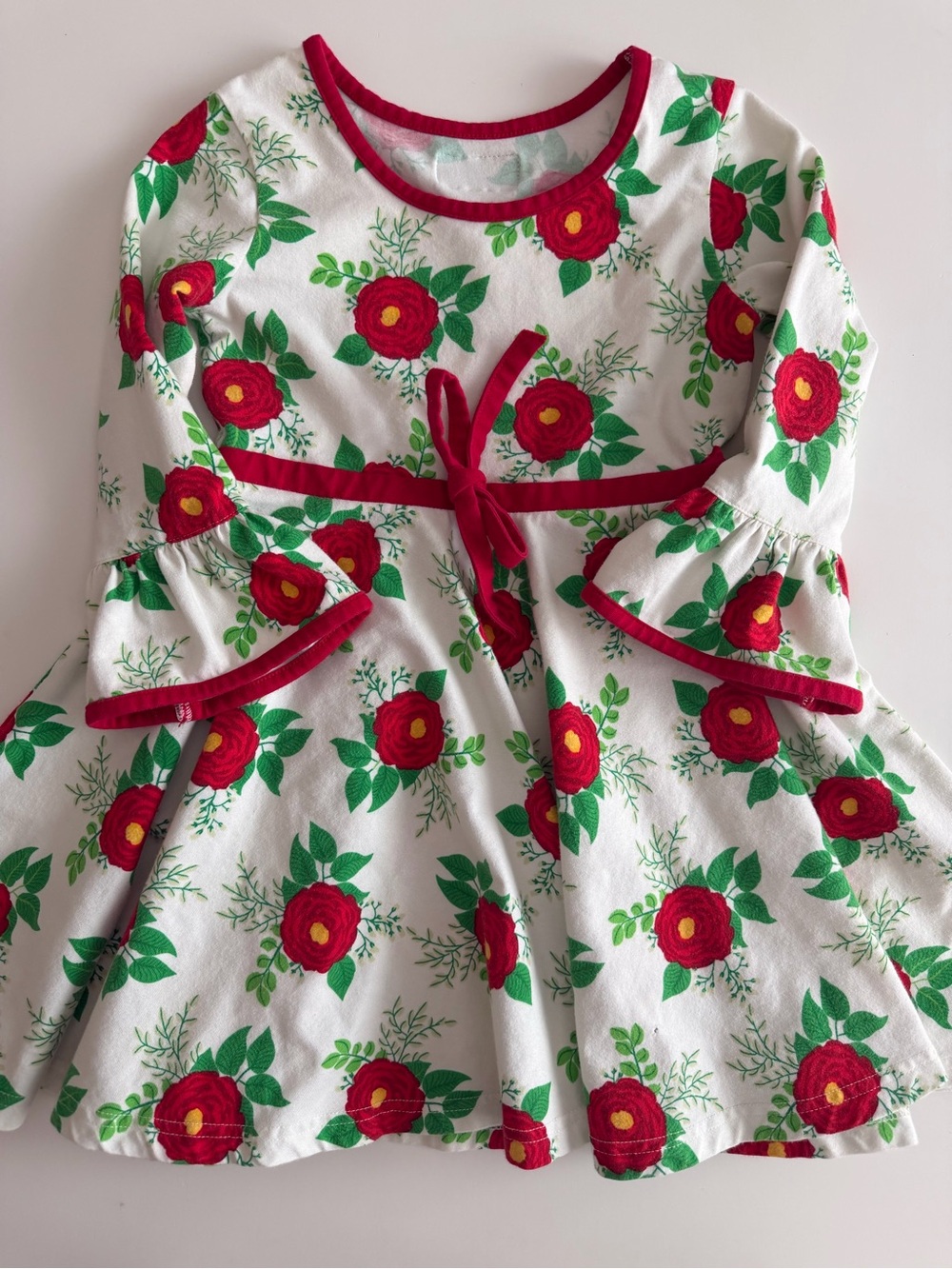 Eleanor Rose 5/6 Ruby Dress: White with Red/Green Floral Pattern, Bell Sleeves